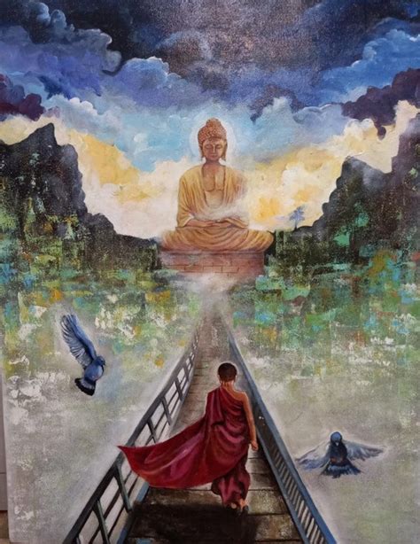"Buddha And Monk": Blue Green Acrylic Painting by Arjun Das – ArtZolo.com