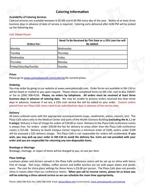 Menu at UWMC Plaza Cafe, Seattle