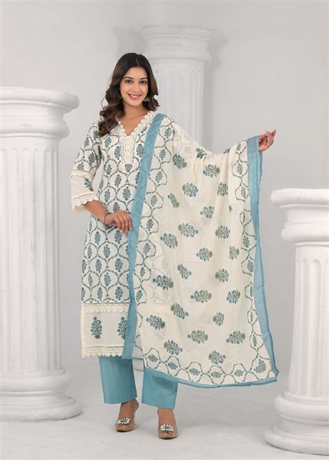 SAYESHA SOFT BLUE PRINTED COTTON SUIT SET – Autumn Lane Clothing