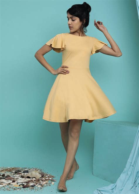 Get Flared Sleeve Detail Solid A-Line Skater Dress at ₹ 1799 | LBB Shop