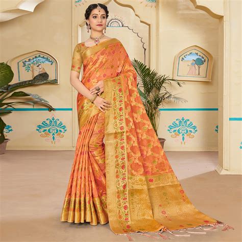 Orange Woven Organza Saree