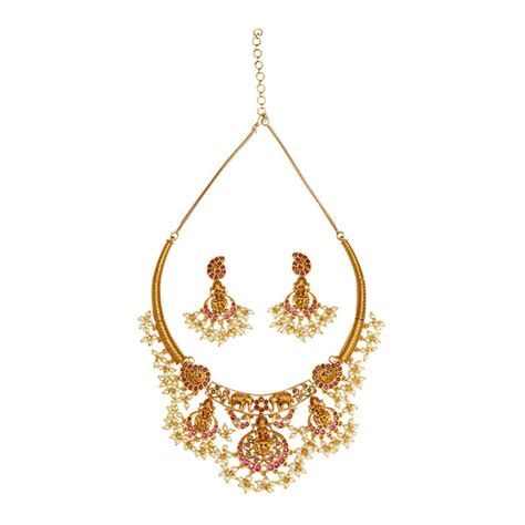 Temple Design Brass Faux Pearls Embellished Gold Plated Hasli Jeweller ...