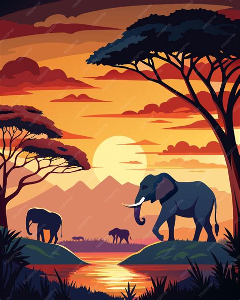 Serengeti national park poster flat style trees elephant and giraffe silhouettes graphic ...