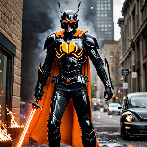 dark black beetle dc has a fire cape and has a sword that's neon orange