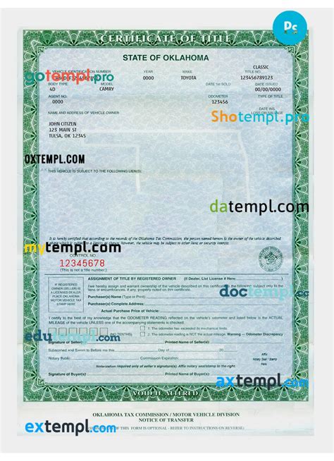 Oklahoma certificate of title of a vehicle (car title) template in PSD ...