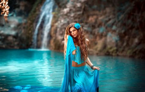 Wallpaper nature, lake, model, waterfall, long hair, Stephanos Georgiou ...
