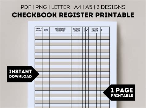Printable Checkbook Register, Check Register Template, Checkbook ...