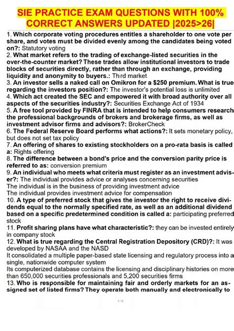 SIE PRACTICE EXAM QUESTIONS WITH 100% CORRECT ANSWERS UPDATED |202526 ...