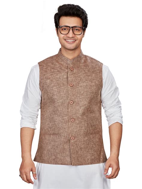 Classic Handcrafted Khaadi-Slub Textured Nehru Jacket, Brown, Regular ...