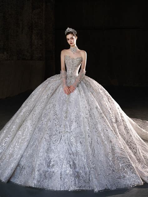 Regal Strapless Ball Gown Wedding Dress with All - Over Sequin & Crystal Embroidery & Cathedral ...