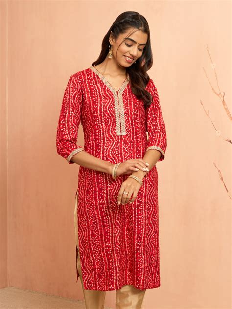 Women's Red Bandhani Foil Print Rayon Kurta – vastramay