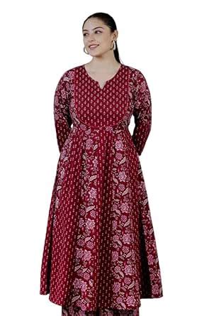 Buy Aramya Soft Cotton Maroon Anarkali Floral Print Kurta for Women ...