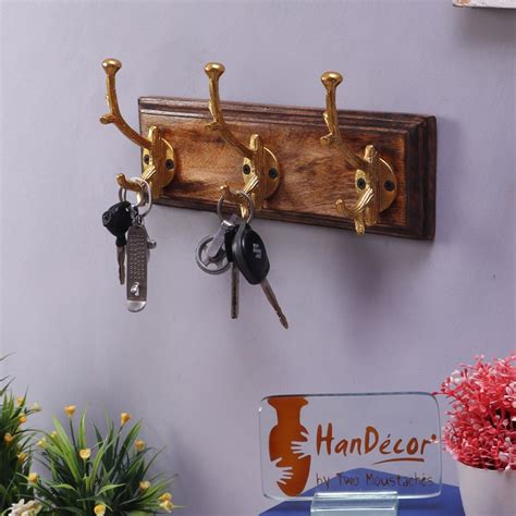 Wall Mounted 3 Designer Golden Antler Hooks/Hookrails with Mango Wood ...