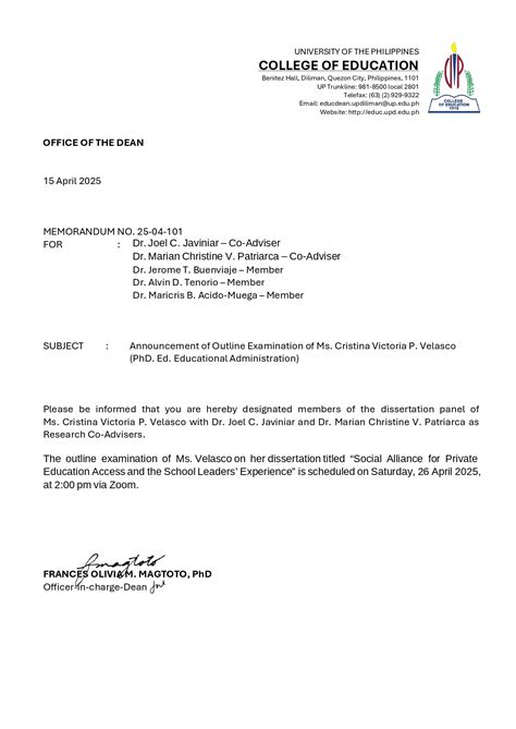 Announcement of Outline Examination of Ms. Cristina Victoria P. Velasco (PhD. Ed. Educational ...