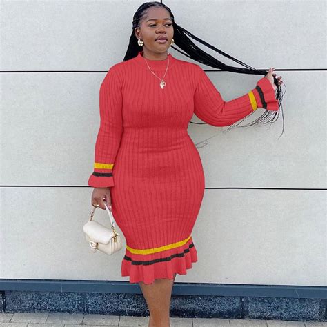 Plus Size Rib Knit Lantern Sleeve Bodycon Dress, Women's Plus Mermaid ...