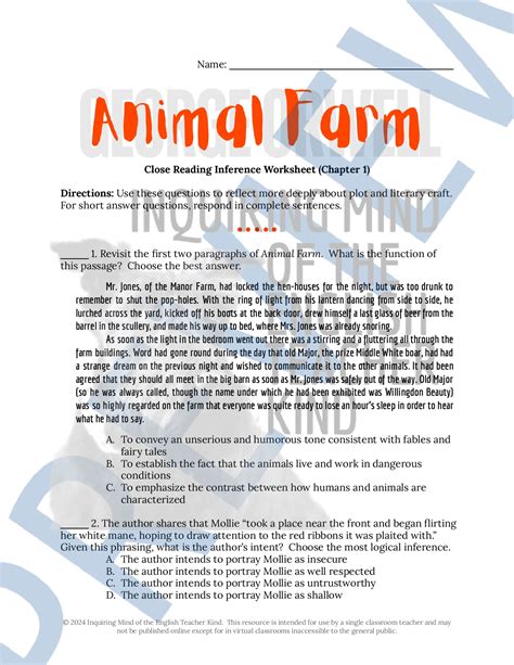 Animal Farm Chapter 1 Close Reading Analysis Worksheet | Made By Teachers