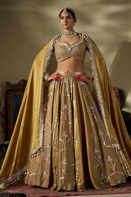 Buy Gold Crush Shimmer Embellished Pearl Leaf Lehenga Set For Women by ...