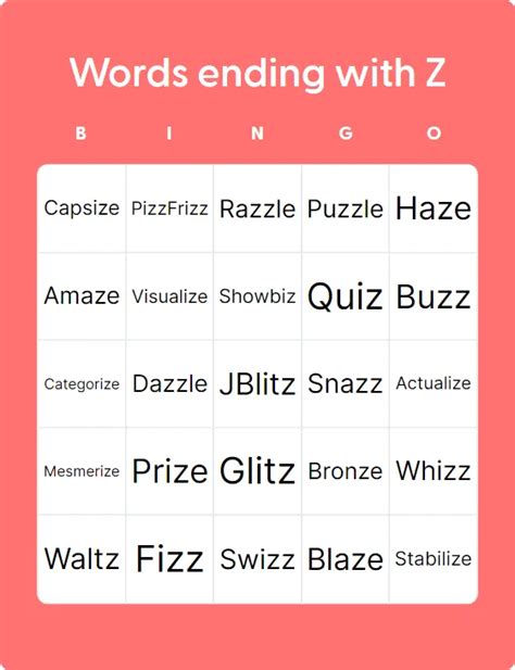 Words Ending With Z - Bingo Card Creator
