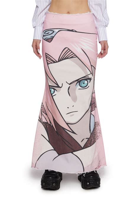Dolls Kill x NARUTO SHIPPUDEN Sakura Graphic Frayed Denim Maxi Skirt - Light Pink