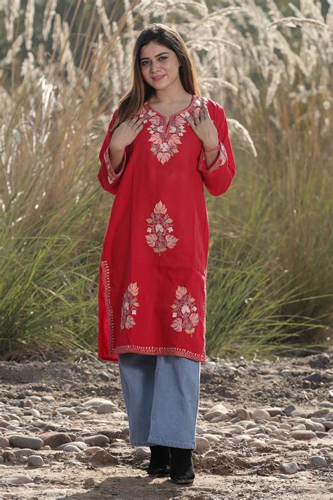 Maroon colour aari work embroidered kurti with new designer florel