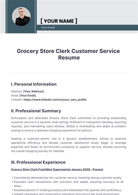 Free Grocery Store Clerk Customer Service Resume Template to Edit Online