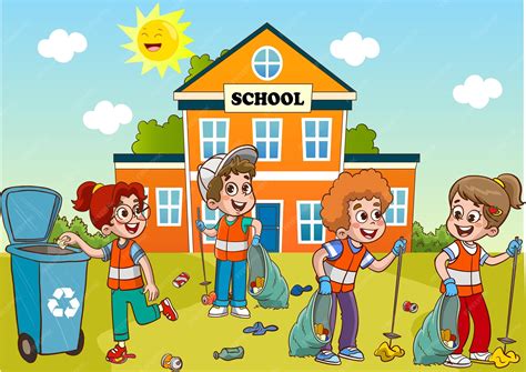A cartoon of kids cleaning the school building. | Premium Vector