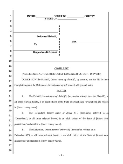 Complaint Form for Automobile Negligence - Blank Fillable Template ...