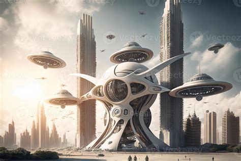 Fantasy city of the future. Futuristic world. Flying drones. . 21984523 ...
