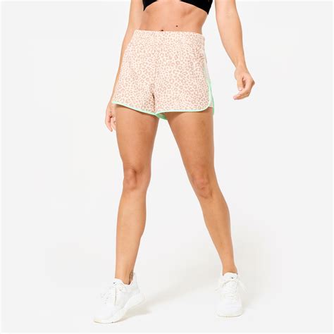 Fitness Short Light Shorts - Beige Leopard Print/Green Piping