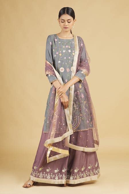 Buy Grey Chanderi Silk Embroidered Kurta Set For Women by Rahul Singh ...