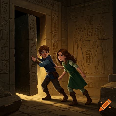 Two children push open a heavy stone door into a dimly lit ancient tomb covered in carvings. on ...