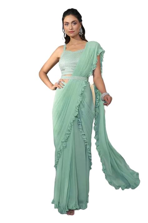 Buy Women'S Mint Green Frill Lehenga Style Saree For Wedding Mehandi ...