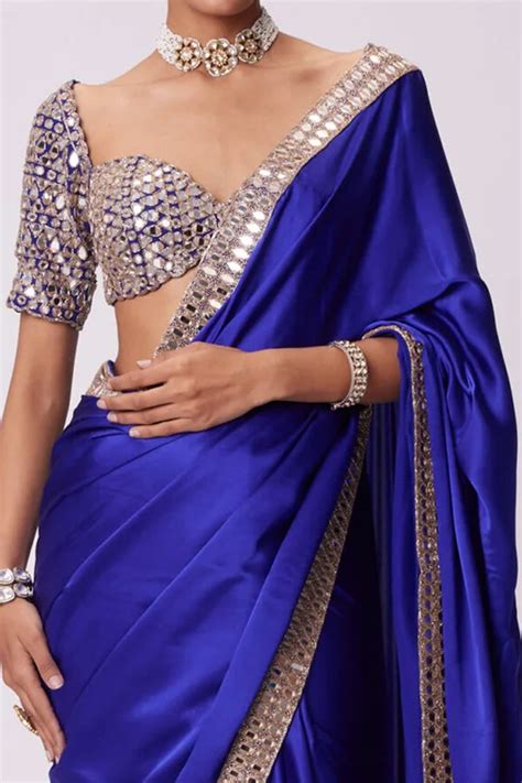 Royal Blue Japan Satin Saree with Sparkling Mirror Embellishments
