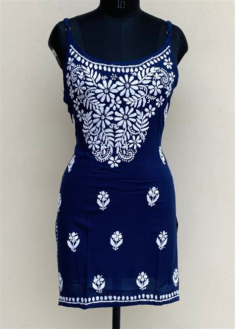 Lucknowi Chikankari Noodle Strap Short Kurti Navy Blue Modal Cotton ...
