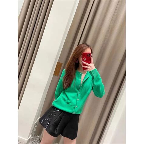 2024-Spring-Women-Green-Sweater-Round-Neck-Long-Sleeve-Single-Breasted ...