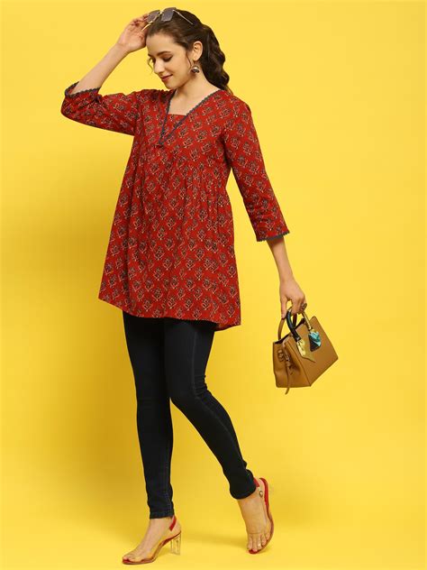Maroon Printed Tunic Tops, Cambric Top & Tunic for Women