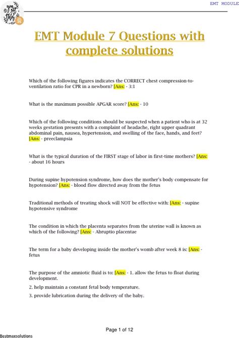 EMT Module 7 Questions with complete solutions - EMT - Stuvia US