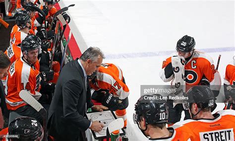 Head Coach of the Philadelphia Flyers Craig Berube speaks to his team ...