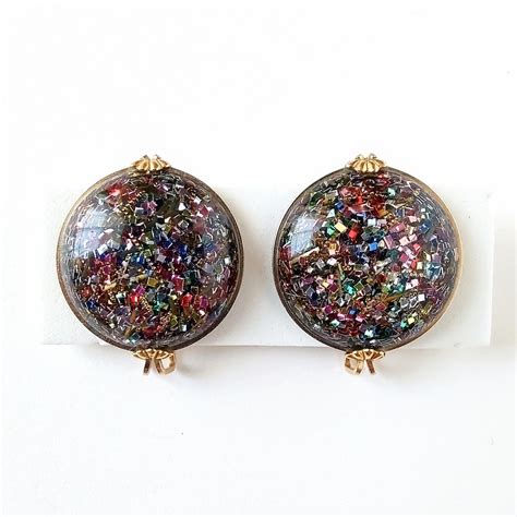 《Hillcraft,Castlecraft》 colorful confetti lucite round vintage earrings ...
