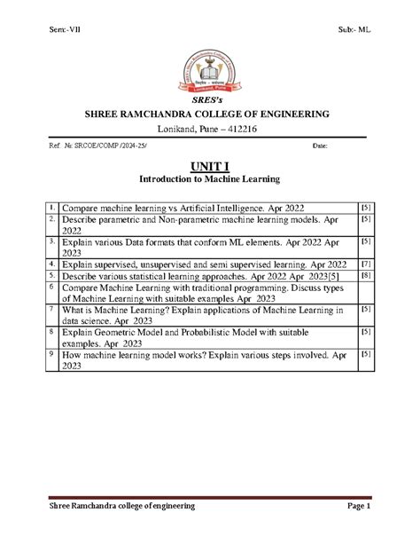 ML Unit 1 solution - Notes - SRES’s SHREE RAMCHANDRA COLLEGE OF ...