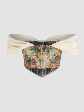 Jacquard Floral Off Shoulder Corset Top For Vacation Picnic