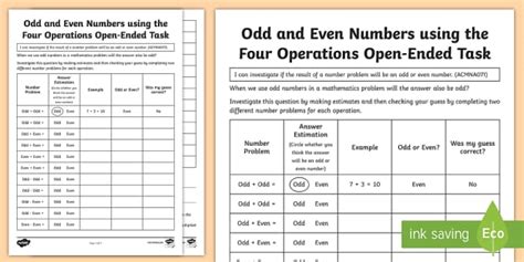 Odd and Even Numbers Using the Four Operations Open Ended Task Worksheet