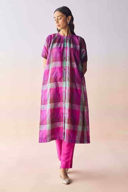 Buy Multi Color Kota Doria, Silk Round Neck Rooted Pink Kurta Set For ...