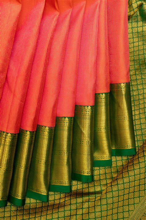 Peach Orange and Green Muthu Self Pure Kanjivaram silk Saree – Clio Silks