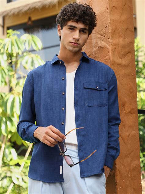 ₹999 | Campus Sutra Men's Midnight Blue Solid Dobby Regular Shirt ...