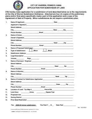PA Application For Subdivision Of Land - City Of Warren 2021-2026 ...