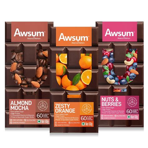 Awsum Sugar Free Chocolate Bar Combo of 3 Pack (Zesty Orange + Almond ...