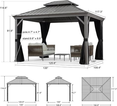 PURPLE LEAF Extra Large 10 x 12 ft Aluminum Gazebo - Light Grey Hardtop ...