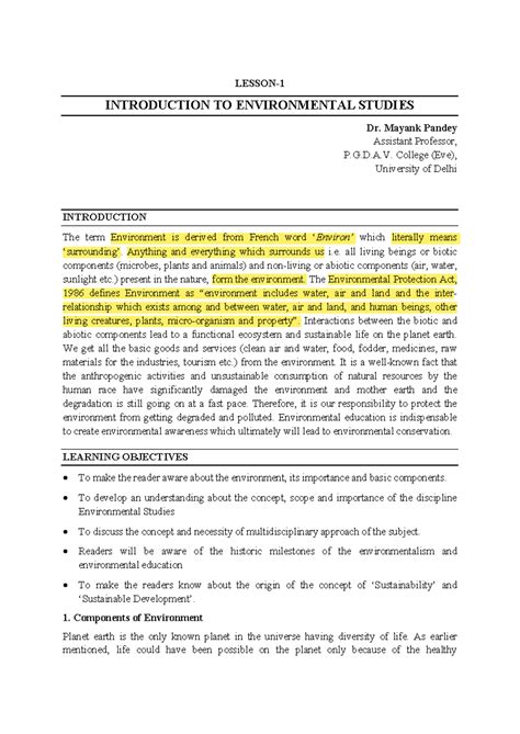 Unit 1 - EVS readings - LESSON- INTRODUCTION TO ENVIRONMENTAL STUDIES ...