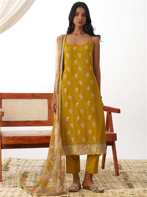 Buy Stunning Mustard Yellow Thread Work Organza Haldi Wear Straight ...